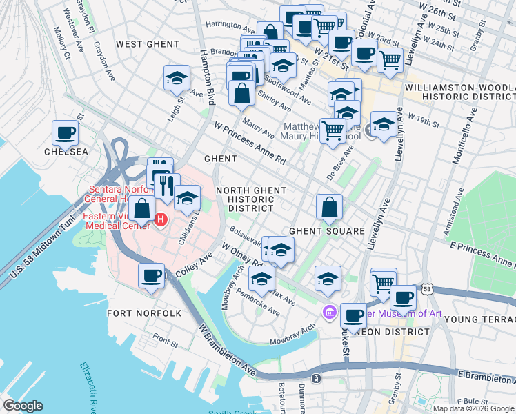 map of restaurants, bars, coffee shops, grocery stores, and more near 616 Redgate Avenue in Norfolk