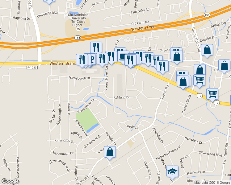 map of restaurants, bars, coffee shops, grocery stores, and more near 3281 Western Branch Boulevard in Chesapeake