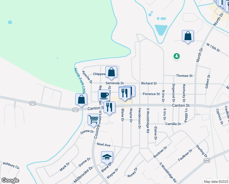 map of restaurants, bars, coffee shops, grocery stores, and more near 399 Indian Trail in Hopkinsville