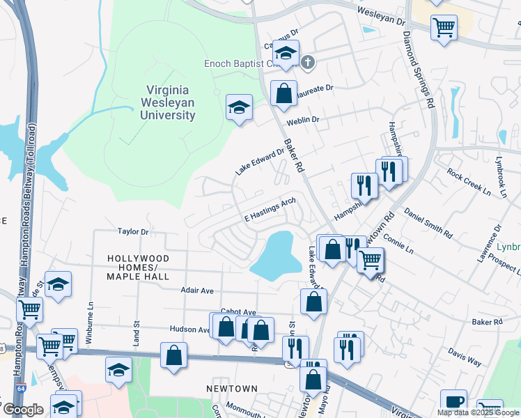 map of restaurants, bars, coffee shops, grocery stores, and more near 5832 East Hastings Arch in Virginia Beach