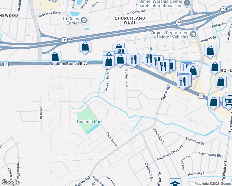 map of restaurants, bars, coffee shops, grocery stores, and more near 3281 Western Branch Boulevard in Chesapeake