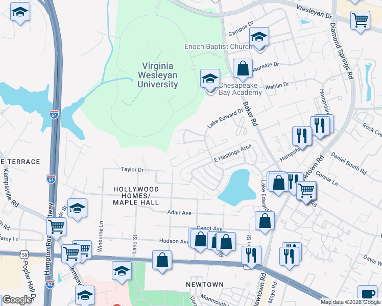 map of restaurants, bars, coffee shops, grocery stores, and more near 5915 Margate Avenue in Virginia Beach