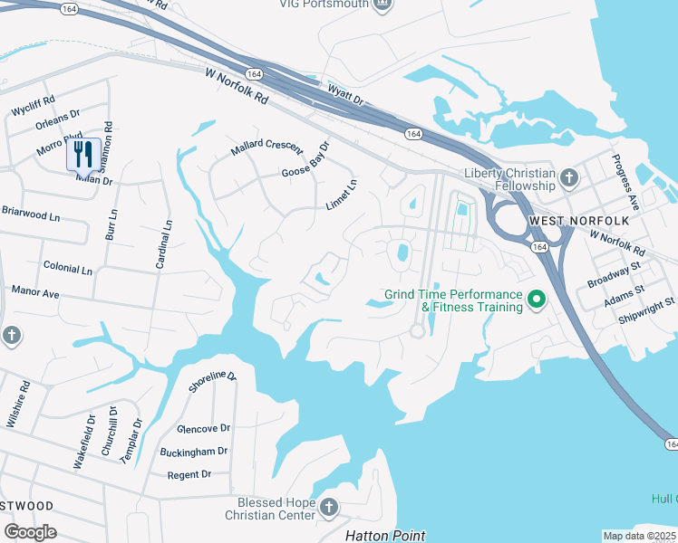 map of restaurants, bars, coffee shops, grocery stores, and more near 6 Creekside Court in Portsmouth