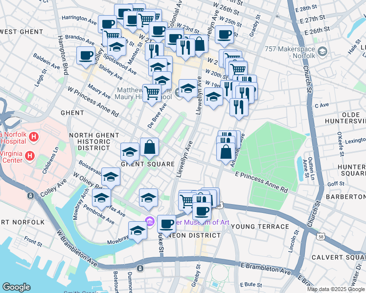 map of restaurants, bars, coffee shops, grocery stores, and more near 1305 Llewellyn Avenue in Norfolk