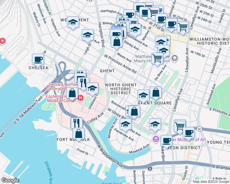 map of restaurants, bars, coffee shops, grocery stores, and more near 802 Manteo Street in Norfolk