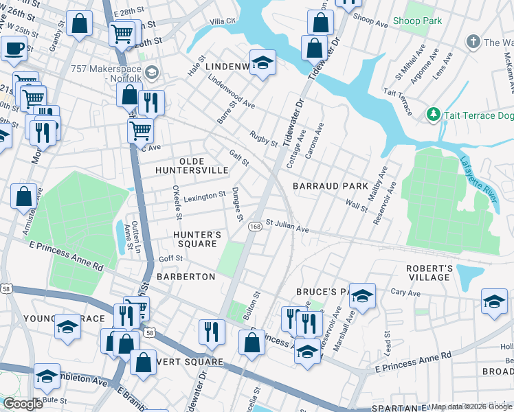 map of restaurants, bars, coffee shops, grocery stores, and more near 1029 Barney Street in Norfolk