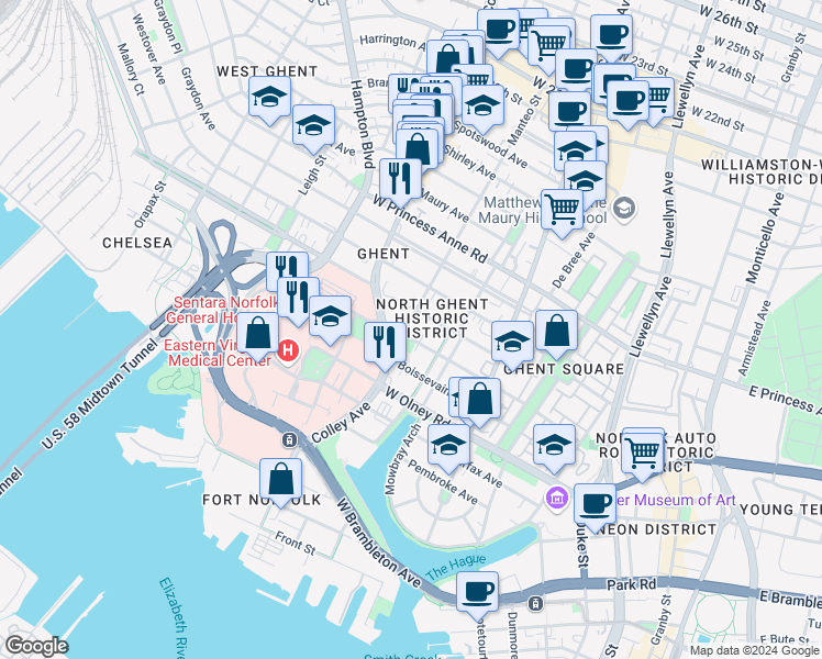 map of restaurants, bars, coffee shops, grocery stores, and more near 802 Manteo Street in Norfolk