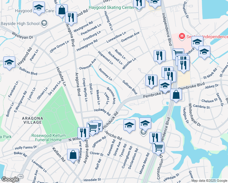 map of restaurants, bars, coffee shops, grocery stores, and more near 748 Brinson Arch in Virginia Beach