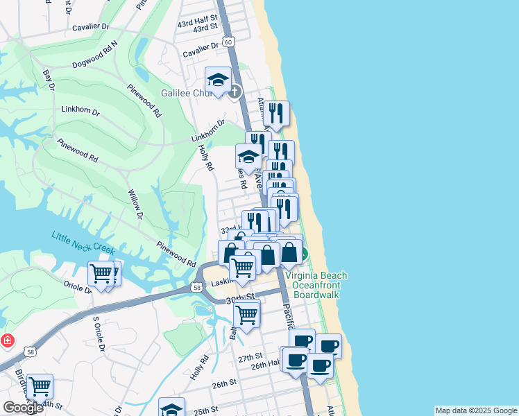map of restaurants, bars, coffee shops, grocery stores, and more near 3330 Pacific Avenue in Virginia Beach
