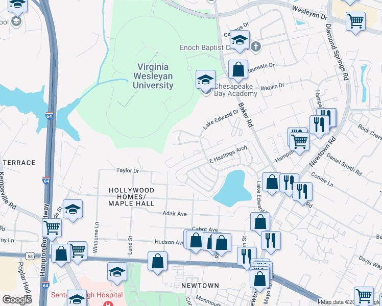 map of restaurants, bars, coffee shops, grocery stores, and more near 5921 Margate Avenue in Virginia Beach