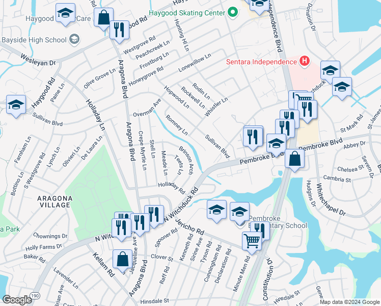 map of restaurants, bars, coffee shops, grocery stores, and more near 748 Brinson Arch in Virginia Beach
