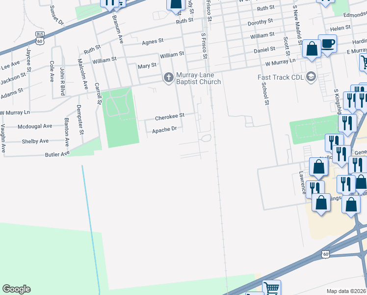 map of restaurants, bars, coffee shops, grocery stores, and more near 801-899 Cotton Ridge Drive in Sikeston