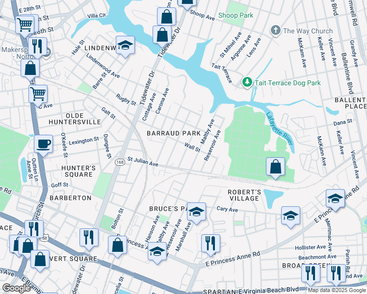 map of restaurants, bars, coffee shops, grocery stores, and more near 2243 Hanson Avenue in Norfolk