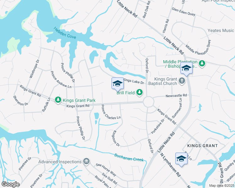 map of restaurants, bars, coffee shops, grocery stores, and more near 3532 Kings Grant Road in Virginia Beach