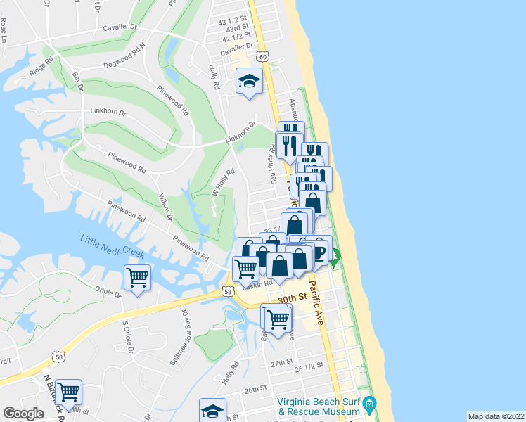 map of restaurants, bars, coffee shops, grocery stores, and more near 415 34 1/2 Street in Virginia Beach