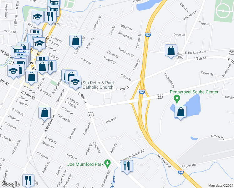 map of restaurants, bars, coffee shops, grocery stores, and more near 1131 East 7th Street in Hopkinsville
