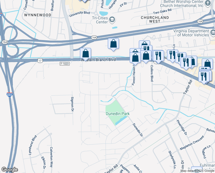 map of restaurants, bars, coffee shops, grocery stores, and more near 3325 Pine Hill Crescent in Chesapeake