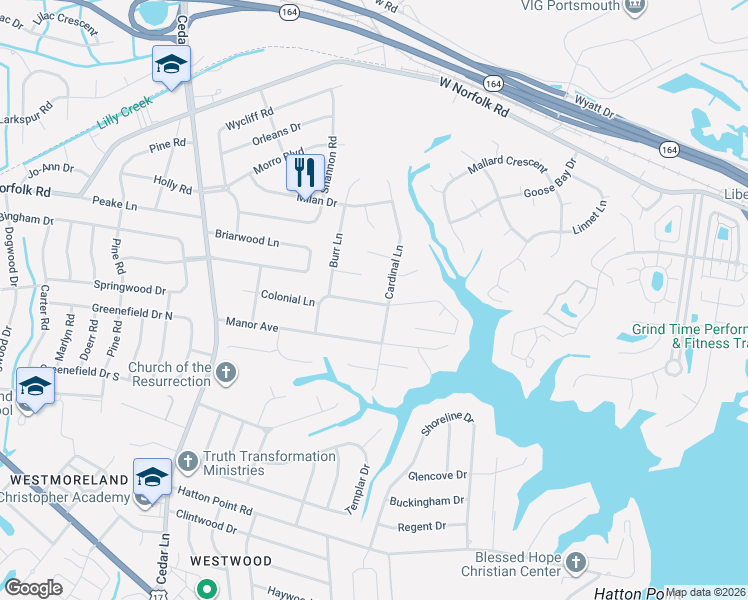 map of restaurants, bars, coffee shops, grocery stores, and more near 3705 Cardinal Lane in Portsmouth