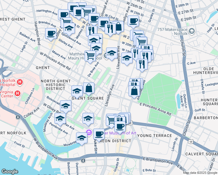 map of restaurants, bars, coffee shops, grocery stores, and more near 1221 Llewellyn Avenue in Norfolk