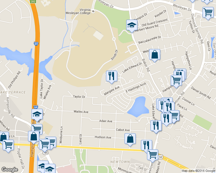 map of restaurants, bars, coffee shops, grocery stores, and more near 5969 Blackpoole Lane in Virginia Beach