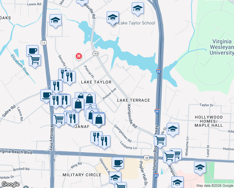 map of restaurants, bars, coffee shops, grocery stores, and more near 1198 Jarrett Road in Norfolk
