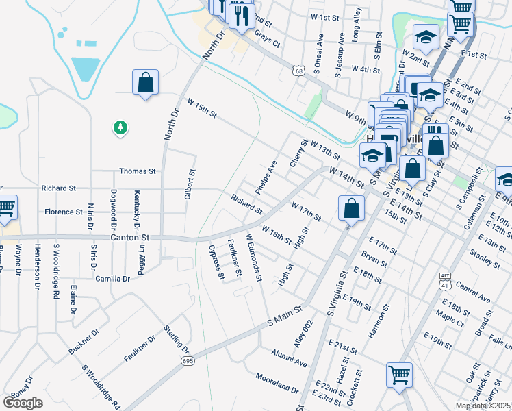 map of restaurants, bars, coffee shops, grocery stores, and more near 1701-1721 Phelps Avenue in Hopkinsville
