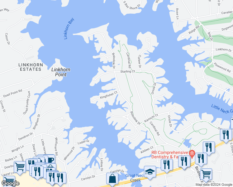 map of restaurants, bars, coffee shops, grocery stores, and more near 1301 Kingfisher Court in Virginia Beach