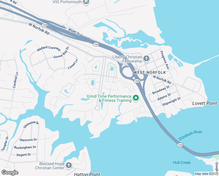map of restaurants, bars, coffee shops, grocery stores, and more near 1041 Estates Court in Portsmouth