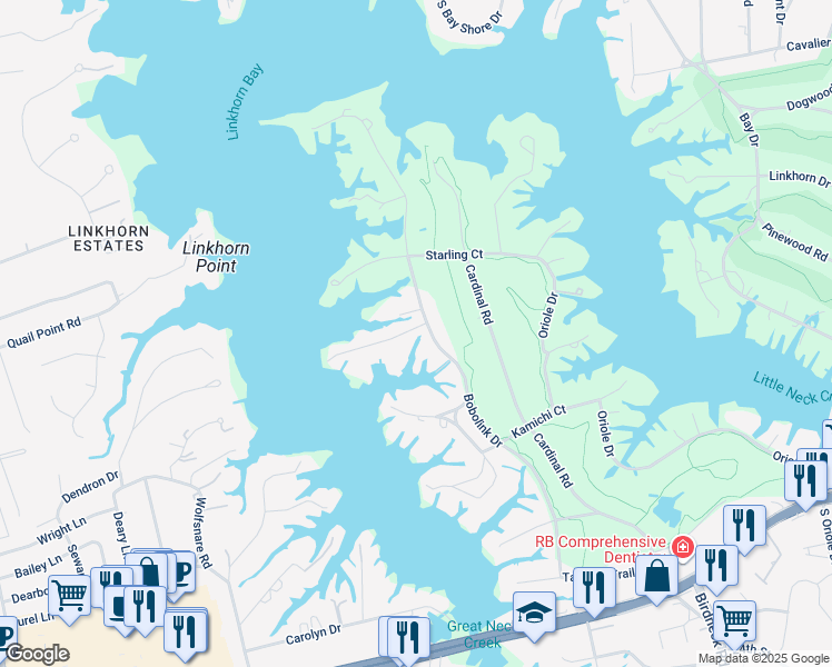 map of restaurants, bars, coffee shops, grocery stores, and more near 1301 Kingfisher Court in Virginia Beach
