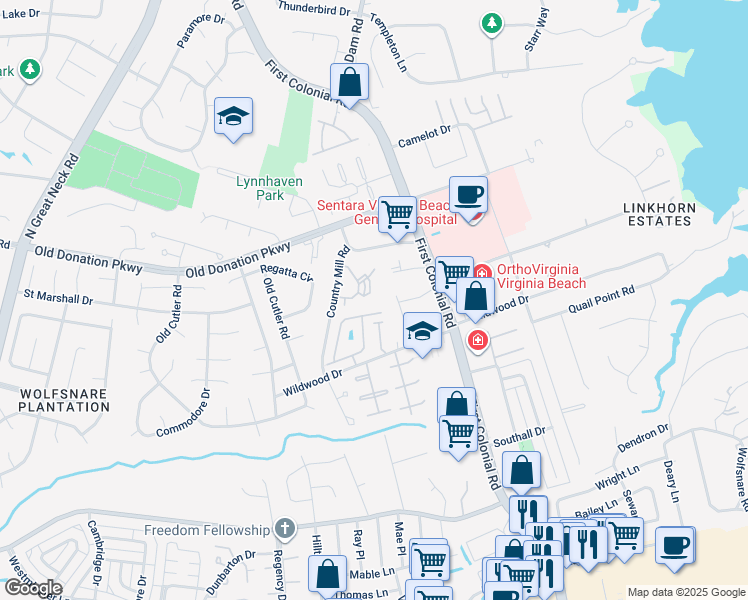 map of restaurants, bars, coffee shops, grocery stores, and more near 1020 Autumn Woods Lane in Virginia Beach