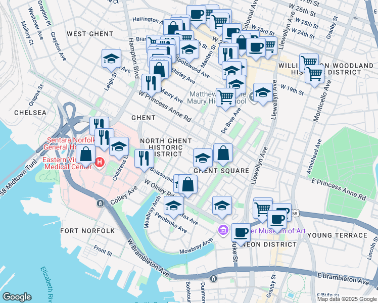map of restaurants, bars, coffee shops, grocery stores, and more near 517 Westover Avenue in Norfolk