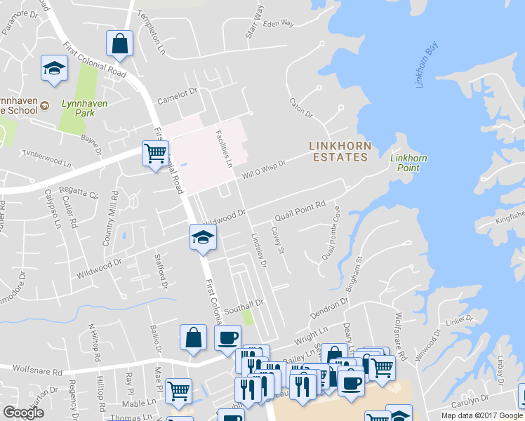 map of restaurants, bars, coffee shops, grocery stores, and more near 1637 Wildwood Drive in Virginia Beach