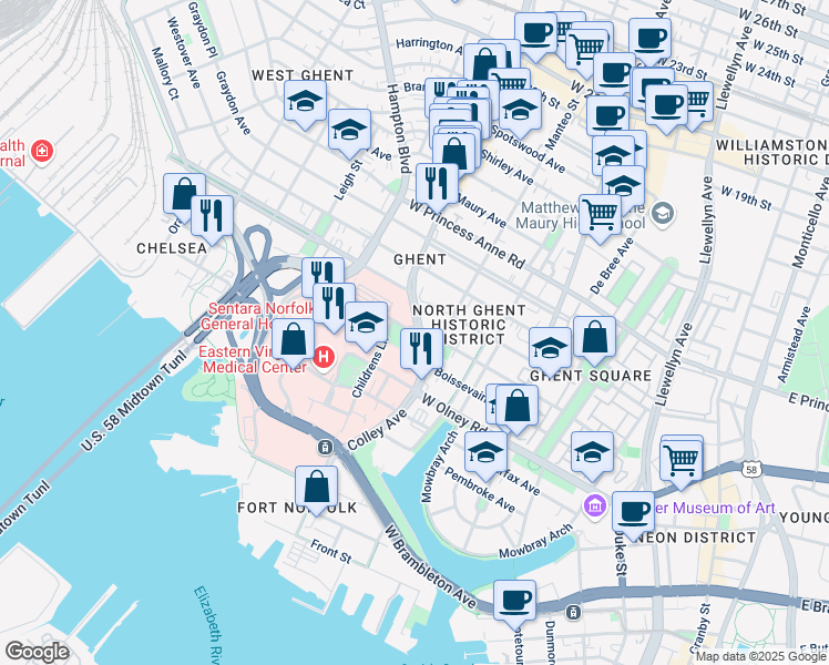 map of restaurants, bars, coffee shops, grocery stores, and more near 651 Raleigh Avenue in Norfolk