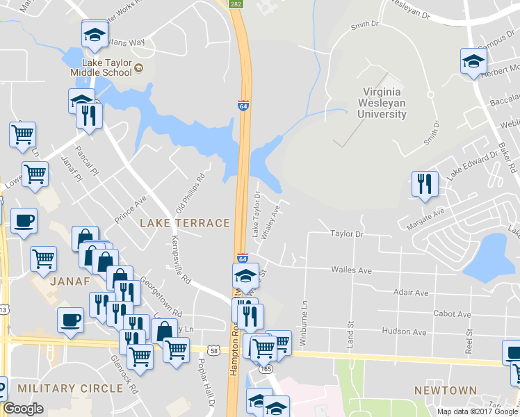map of restaurants, bars, coffee shops, grocery stores, and more near 1238 Lake Taylor Drive in Norfolk