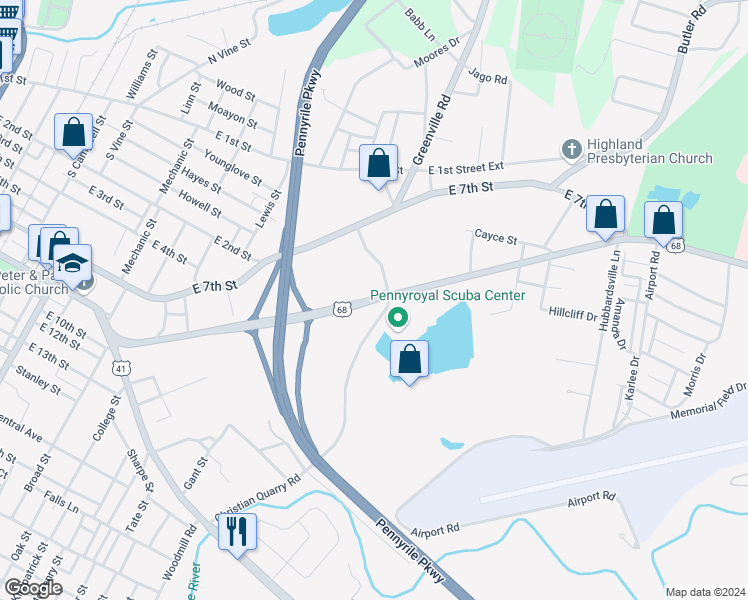 map of restaurants, bars, coffee shops, grocery stores, and more near McLean Avenue in Hopkinsville
