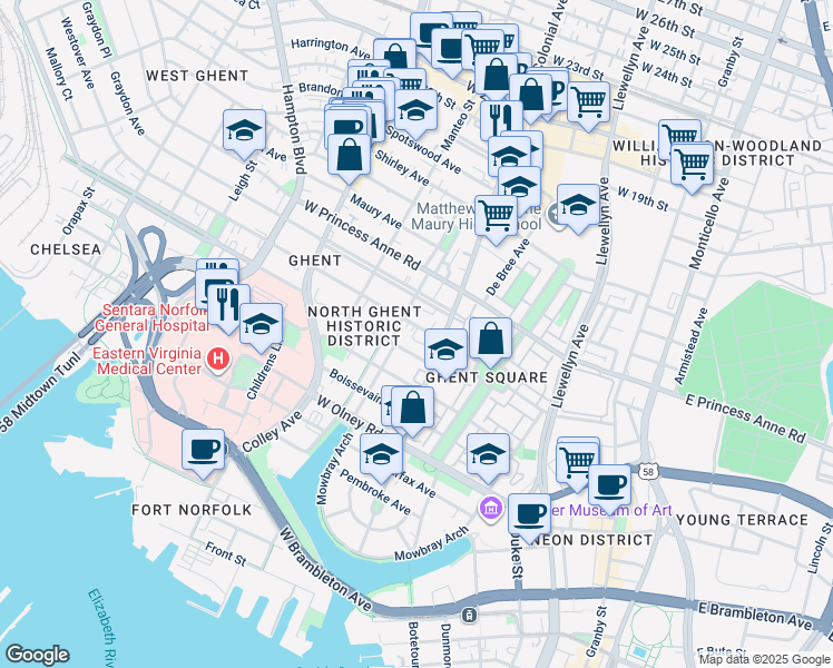 map of restaurants, bars, coffee shops, grocery stores, and more near 517 Westover Avenue in Norfolk