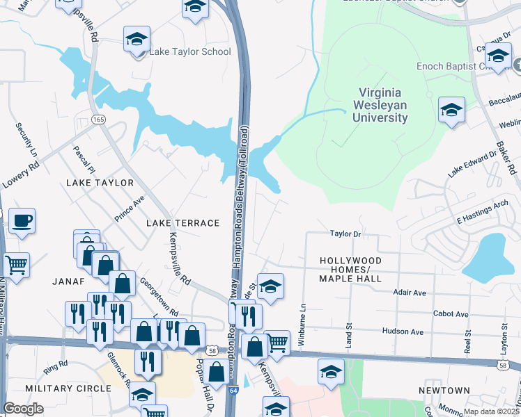 map of restaurants, bars, coffee shops, grocery stores, and more near 1238 Lake Taylor Drive in Norfolk