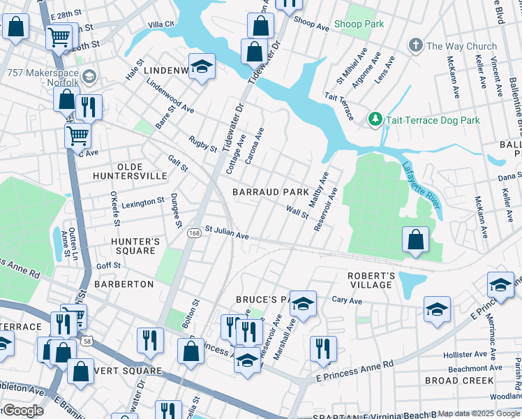 map of restaurants, bars, coffee shops, grocery stores, and more near 2240 Barraud Avenue in Norfolk