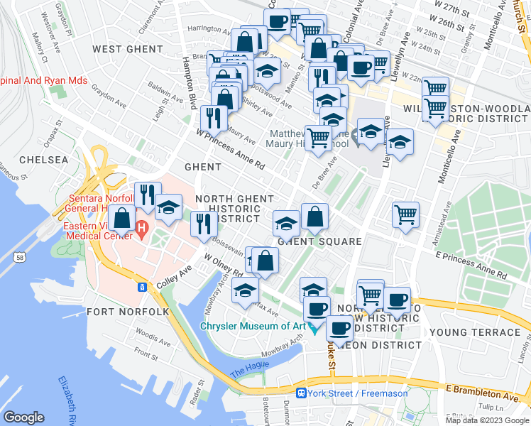 map of restaurants, bars, coffee shops, grocery stores, and more near 523 Westover Avenue in Norfolk