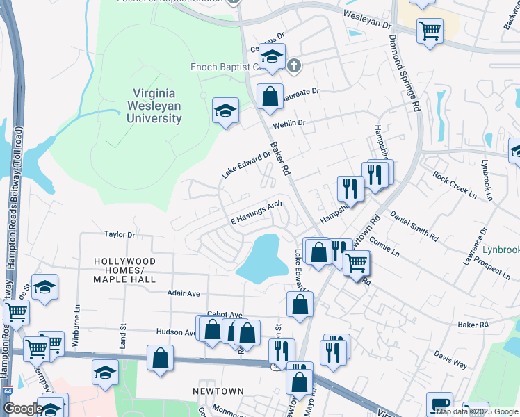 map of restaurants, bars, coffee shops, grocery stores, and more near 5816 East Hastings Arch in Virginia Beach