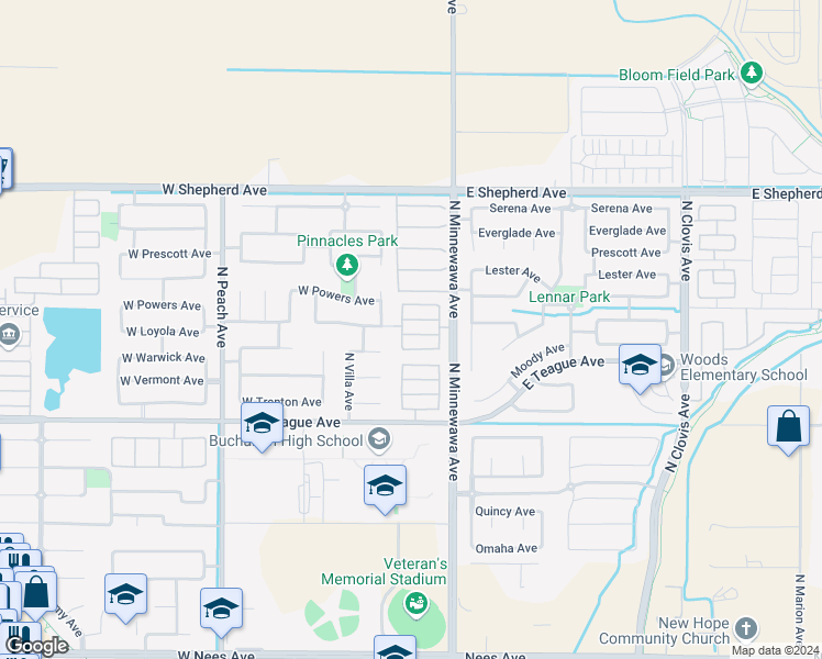 map of restaurants, bars, coffee shops, grocery stores, and more near 77 West Tivoli Lane in Clovis