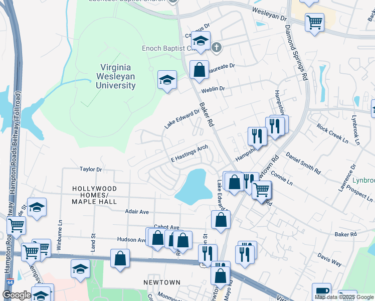 map of restaurants, bars, coffee shops, grocery stores, and more near 5814 East Hastings Arch in Virginia Beach