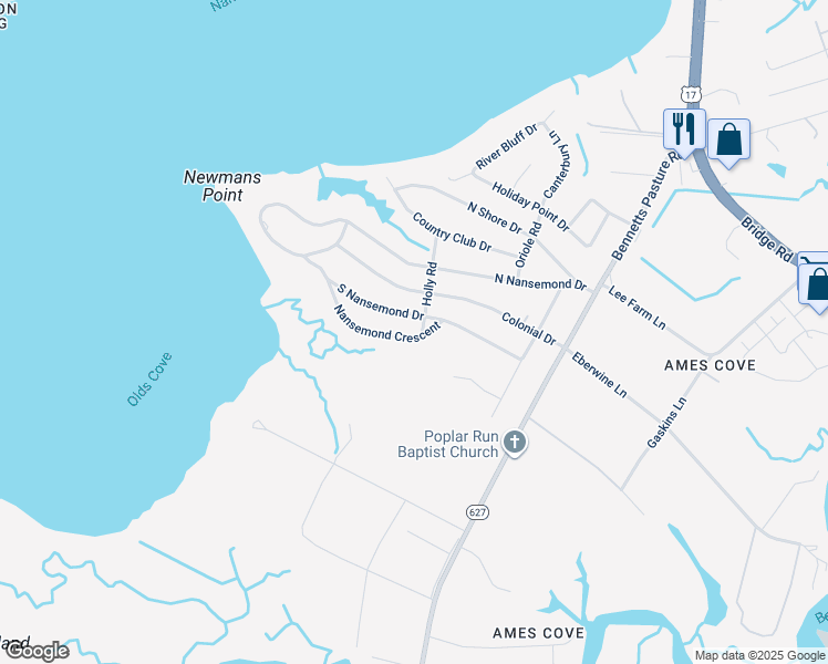 map of restaurants, bars, coffee shops, grocery stores, and more near 2748 Nansemond Crescent in Suffolk