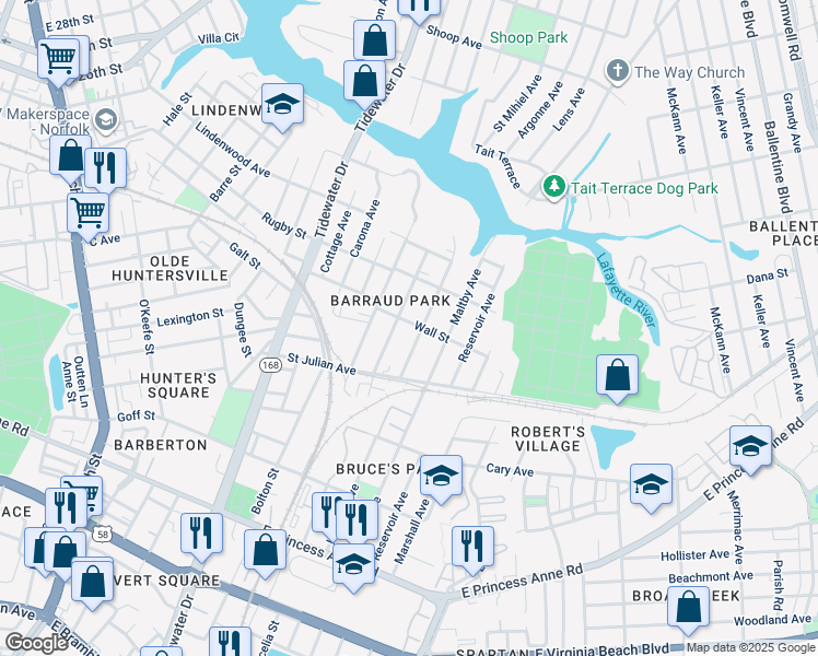 map of restaurants, bars, coffee shops, grocery stores, and more near 2243 Hanson Avenue in Norfolk