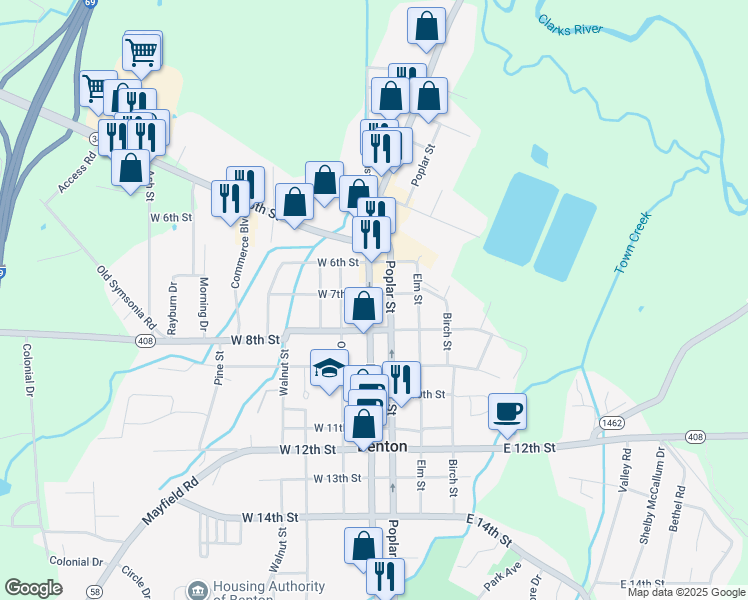map of restaurants, bars, coffee shops, grocery stores, and more near 198 East 7th Street in Benton