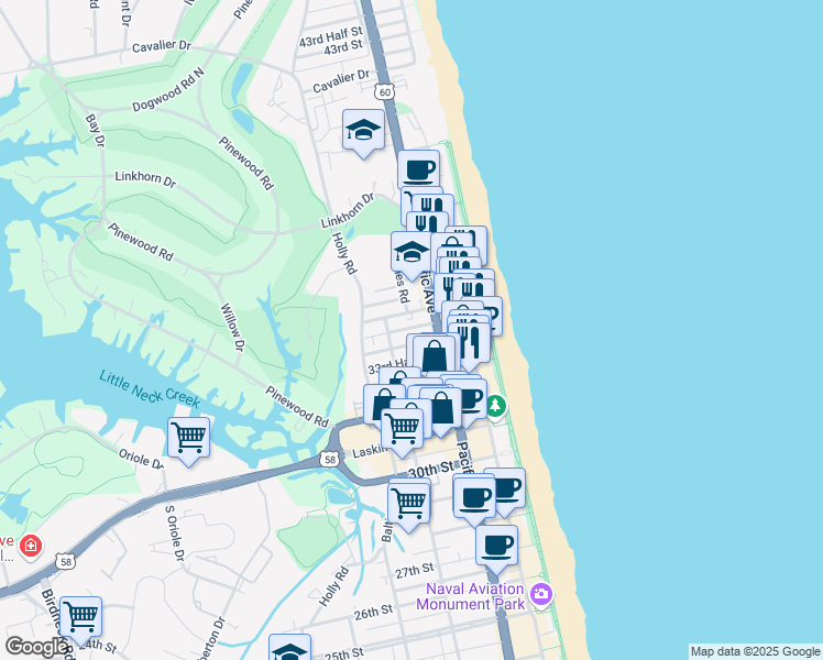 map of restaurants, bars, coffee shops, grocery stores, and more near 3330 Pacific Avenue in Virginia Beach