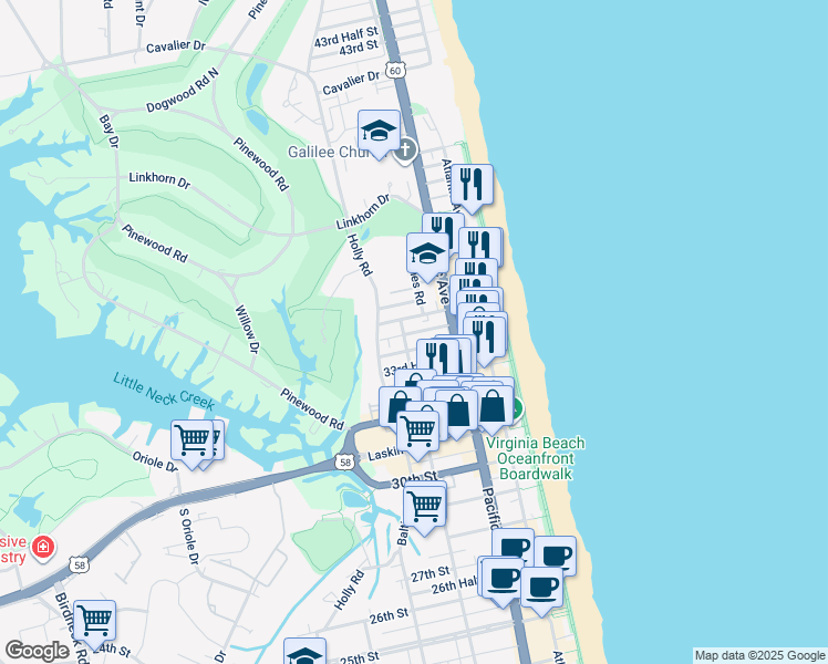 map of restaurants, bars, coffee shops, grocery stores, and more near 3330 Pacific Avenue in Virginia Beach