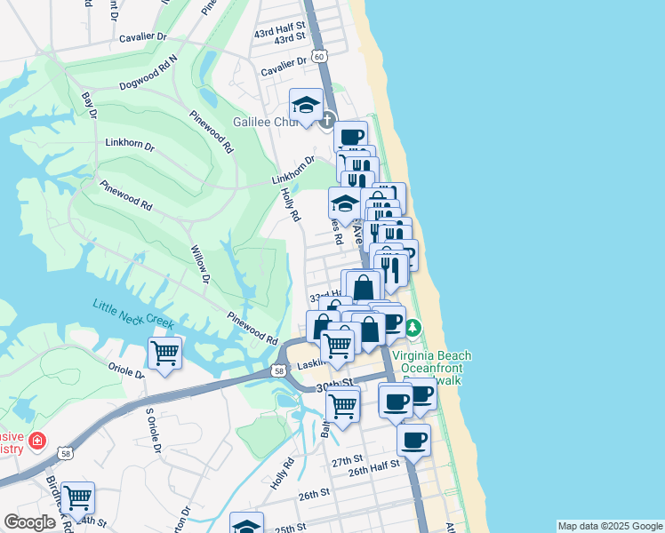 map of restaurants, bars, coffee shops, grocery stores, and more near 400 35th Street in Virginia Beach