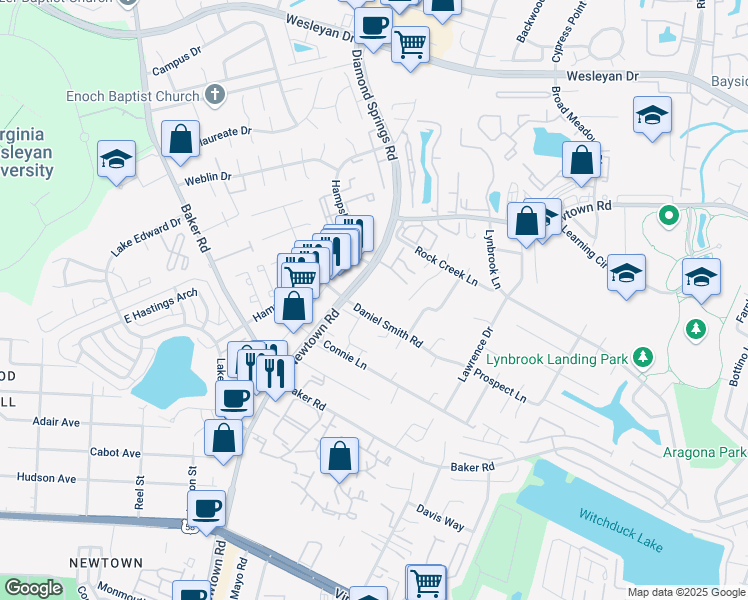 map of restaurants, bars, coffee shops, grocery stores, and more near 700 Newtown Road in Virginia Beach