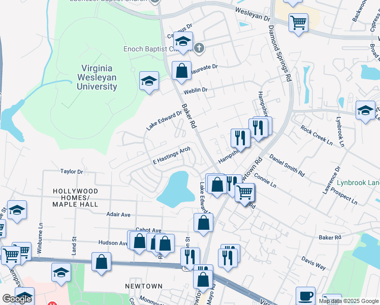 map of restaurants, bars, coffee shops, grocery stores, and more near 5741 East Hastings Arch in Virginia Beach